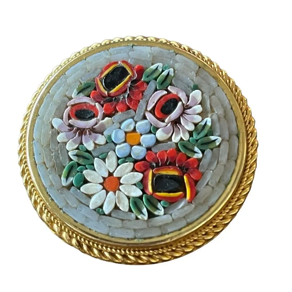 Beautiful Italian Micro Mosaic Brooch Pin Red White Flowers Gold Tone Bezel Set